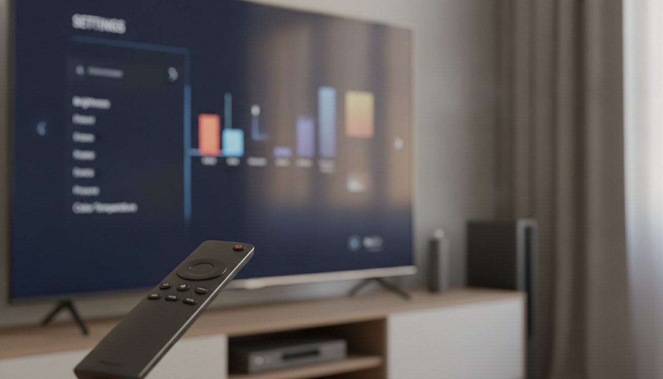 Controle remoto apontado para uma tela de televisão exibindo um menu de configurações de imagem.