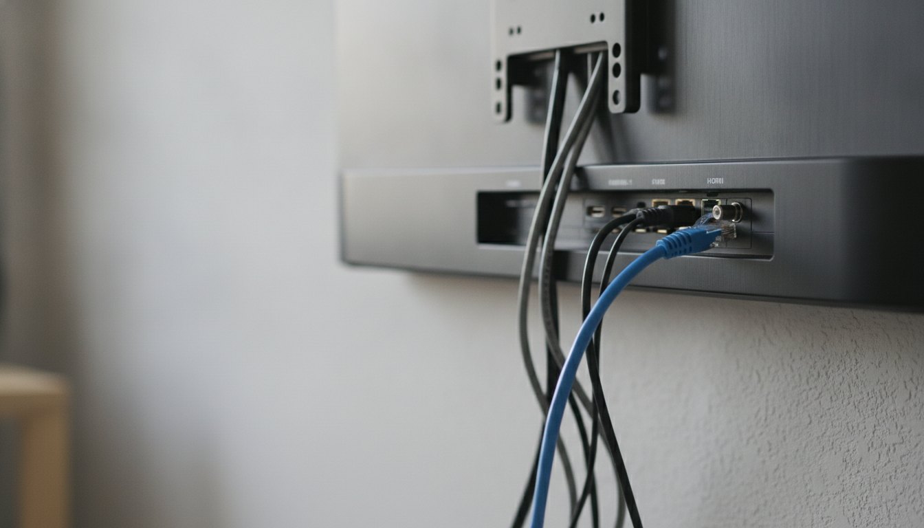 Mão conectando um cabo de rede azul na porta traseira de um televisor de tela plana.