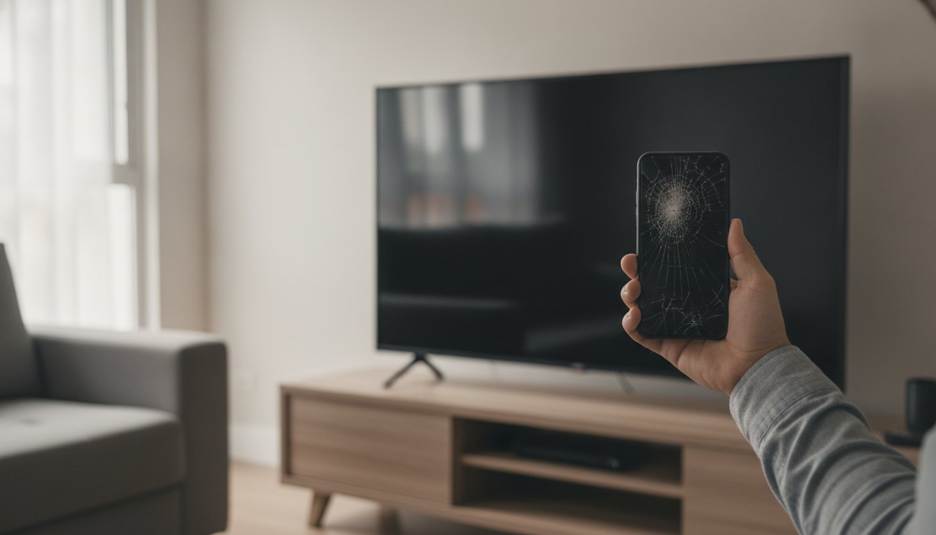 Pessoa segurando um smartphone com a tela trincada em frente a uma televisão desligada na sala.
