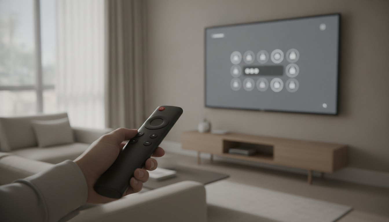 Mão segurando controle remoto em frente a uma televisão com tela de bloqueio por senha.