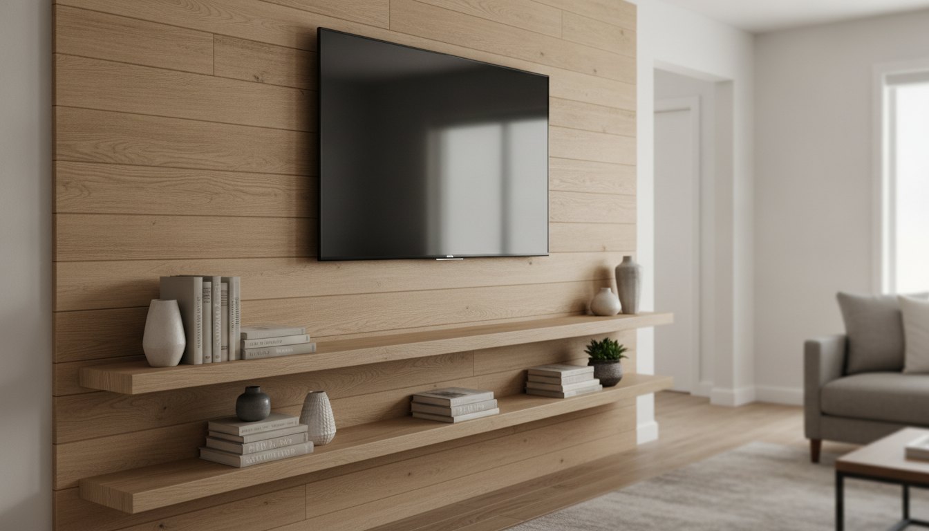 Painel de madeira na parede com uma televisão instalada e prateleiras inferiores organizadas.