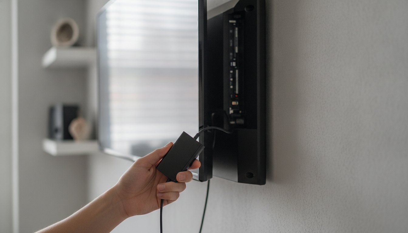 Mão segurando um pequeno aparelho retangular preto conectado por cabo à parte traseira de um televisor.
