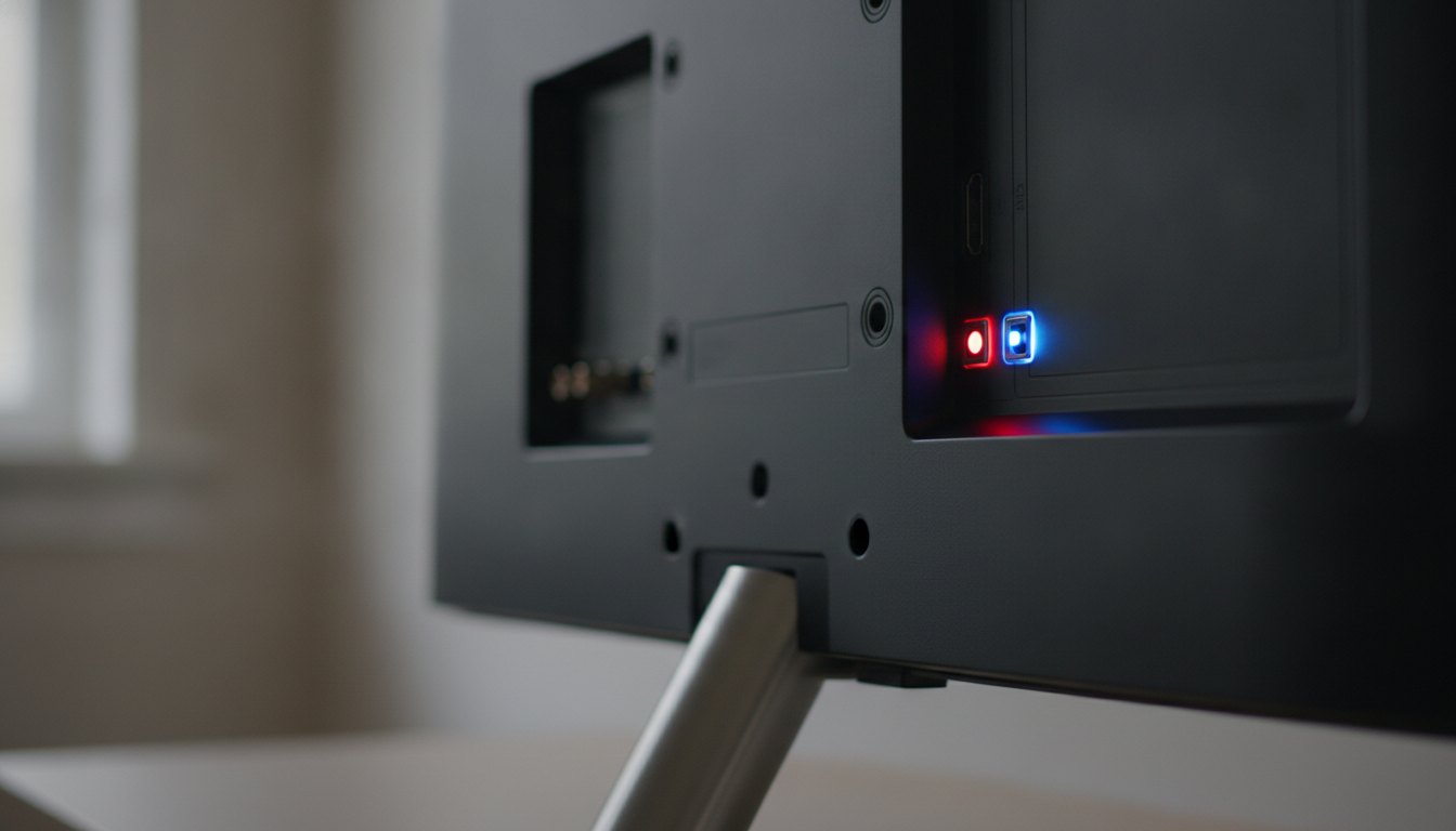 Painel traseiro de um televisor moderno mostrando os conectores óptico e HDMI iluminados em destaque.