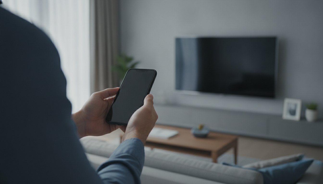 Homem segurando um smartphone com a tela apagada diante de uma smart TV na sala.