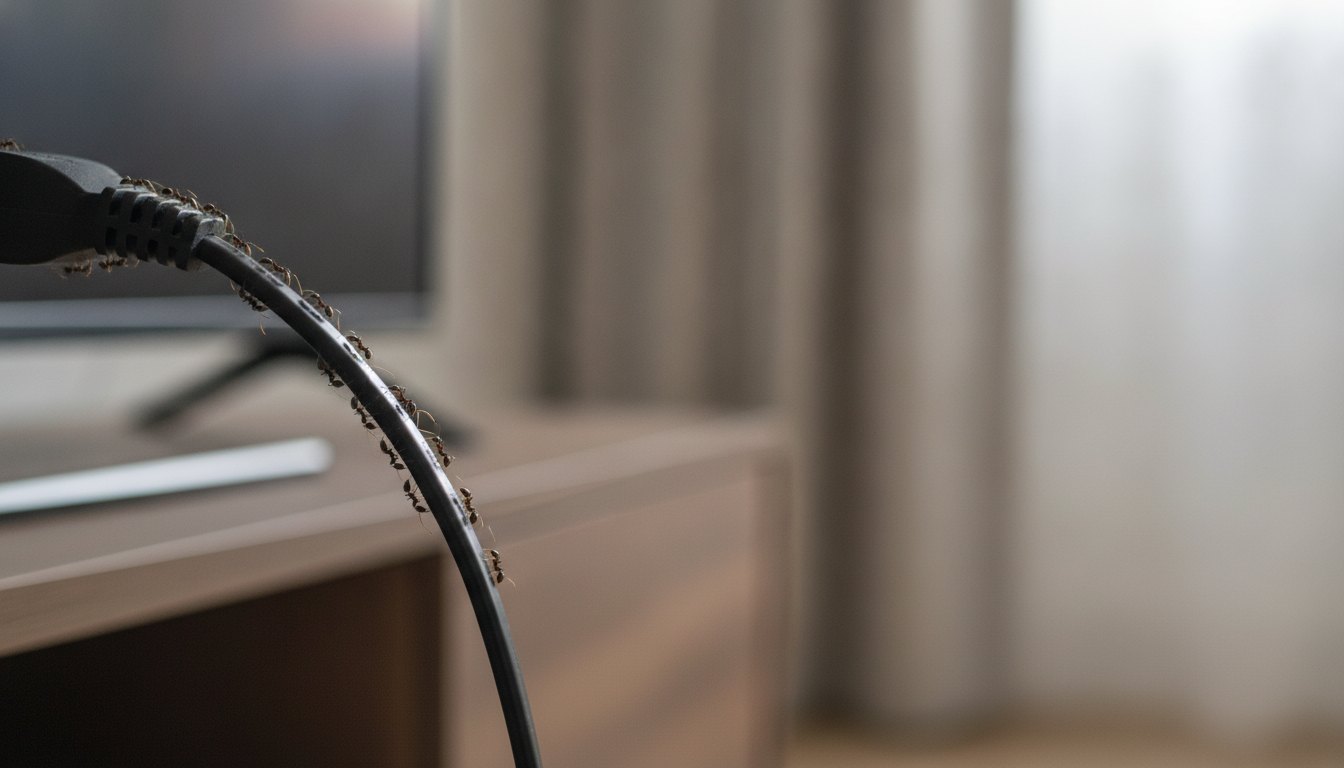 Trilha de pequenas formigas subindo pelo cabo de energia preto de uma televisão plana.