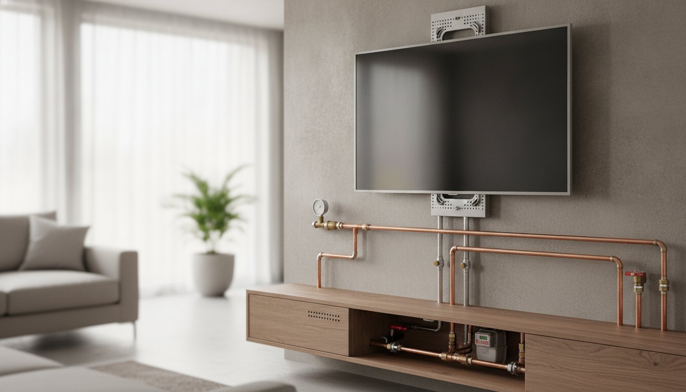 Televisor de tela plana fixado em um suporte metálico numa parede de sala de estar.