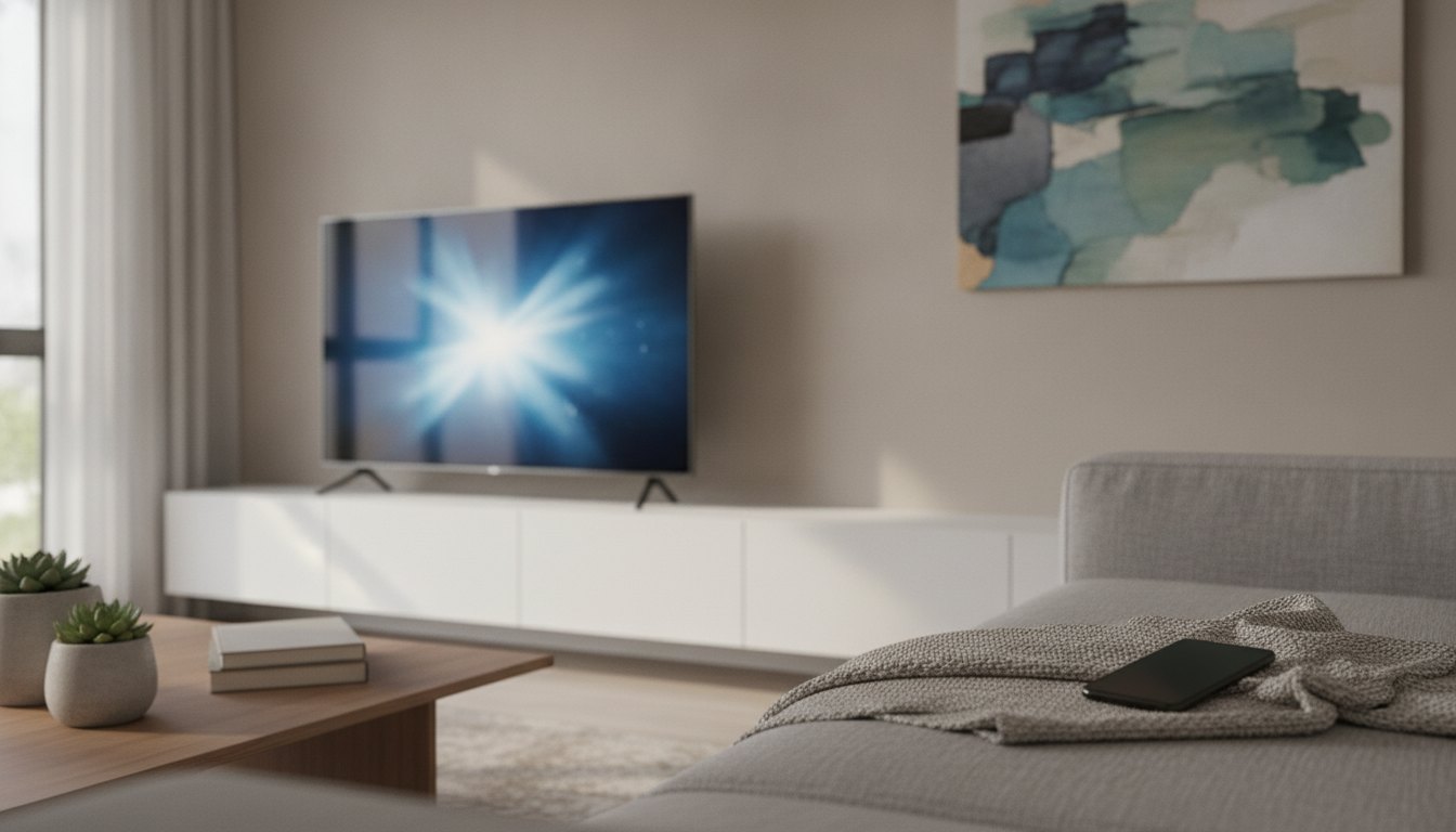 Sala de estar com televisão ligada e um smartphone sobre o sofá.