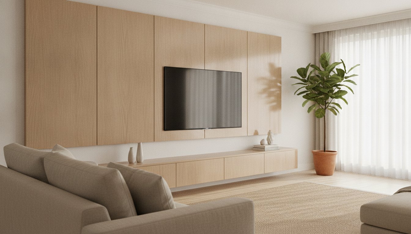 Sala de estar iluminada com televisão de tela plana em um painel de madeira limpo.
